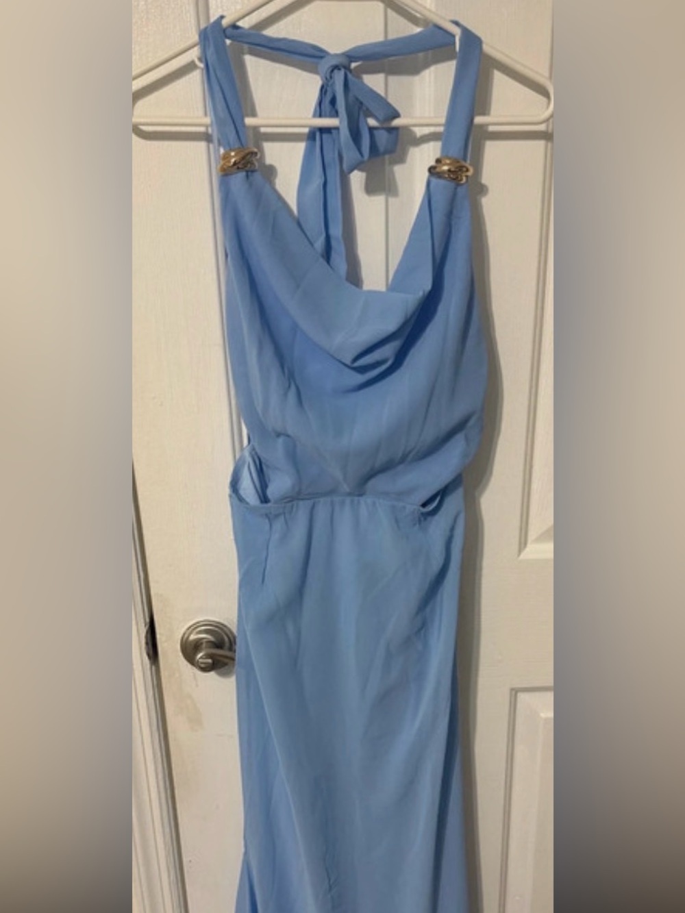 Fashion Nova Light Blue Backless Halter Dress with Gold Accents